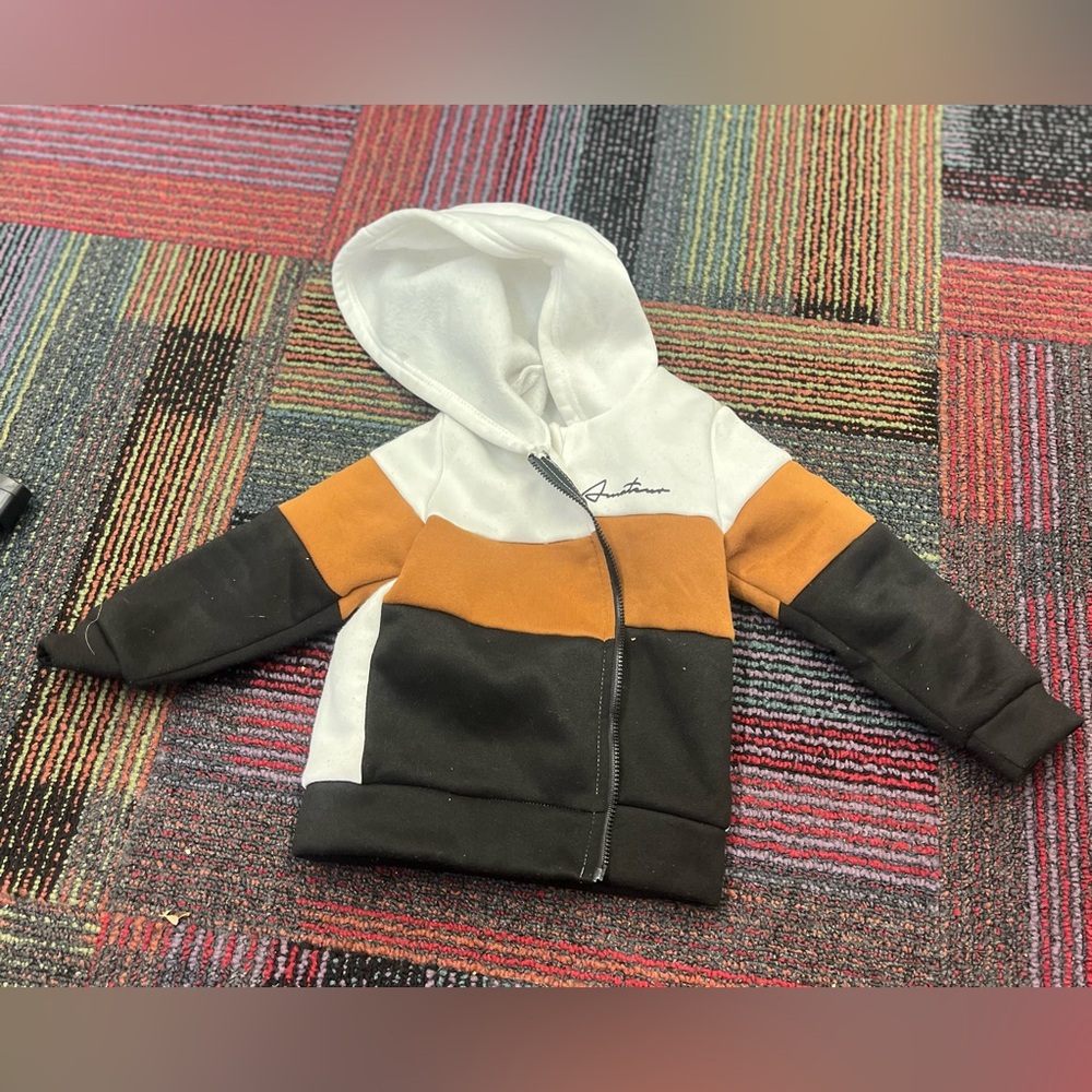 SHEIN Kids Colorblock Hooded Zip Jacket - White, Orange, Black